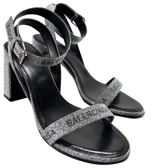 Logo Glitter Round Sandal 80mm Silver Strappy Heels D870 - Picture 1 of 12